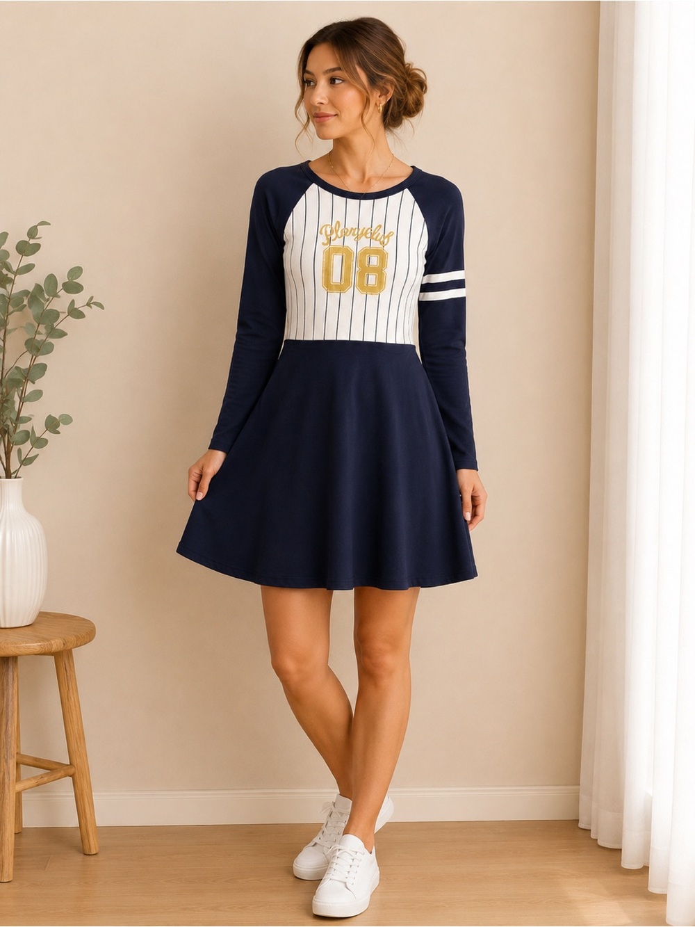 Glory Club Navy & White Baseball Style Skater Dress | Size M